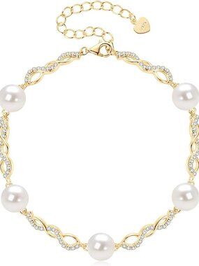 Elegant Gold Plated Infinity Bracelet with Freshwater Pearl & CZ, Adjustable